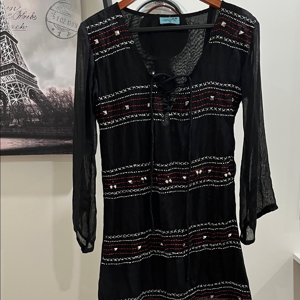 Letarte Black Sheer Swim Coverup with Red and White Embroidery